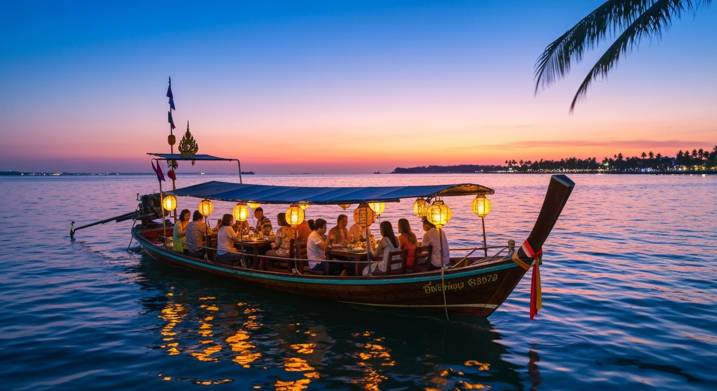 Floating Thai restaurant boat at sunset