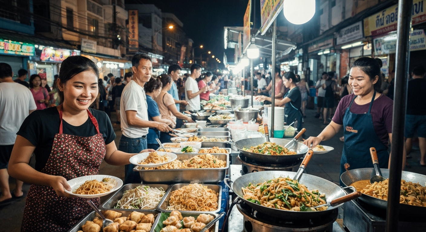 Thai street food stall at night.