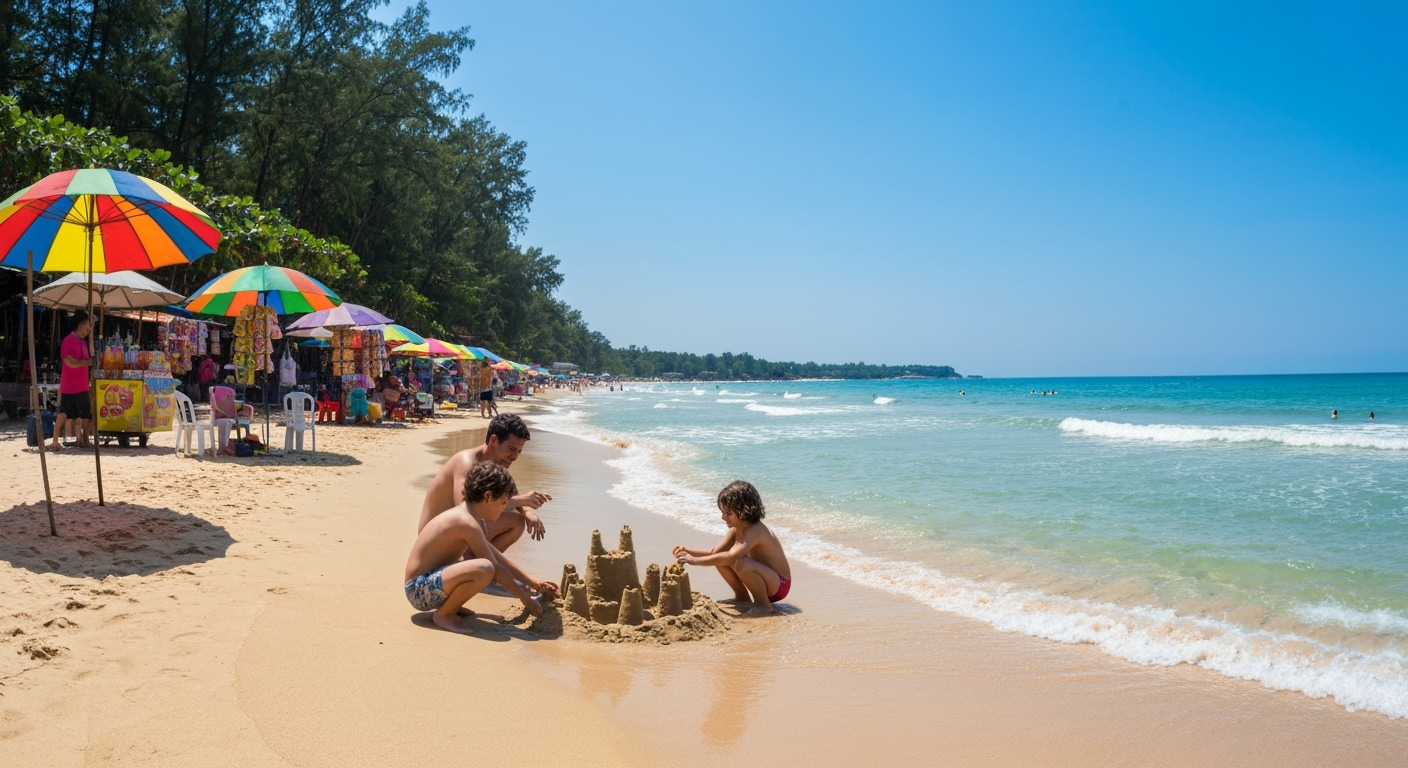 Family building sandcastle on beach