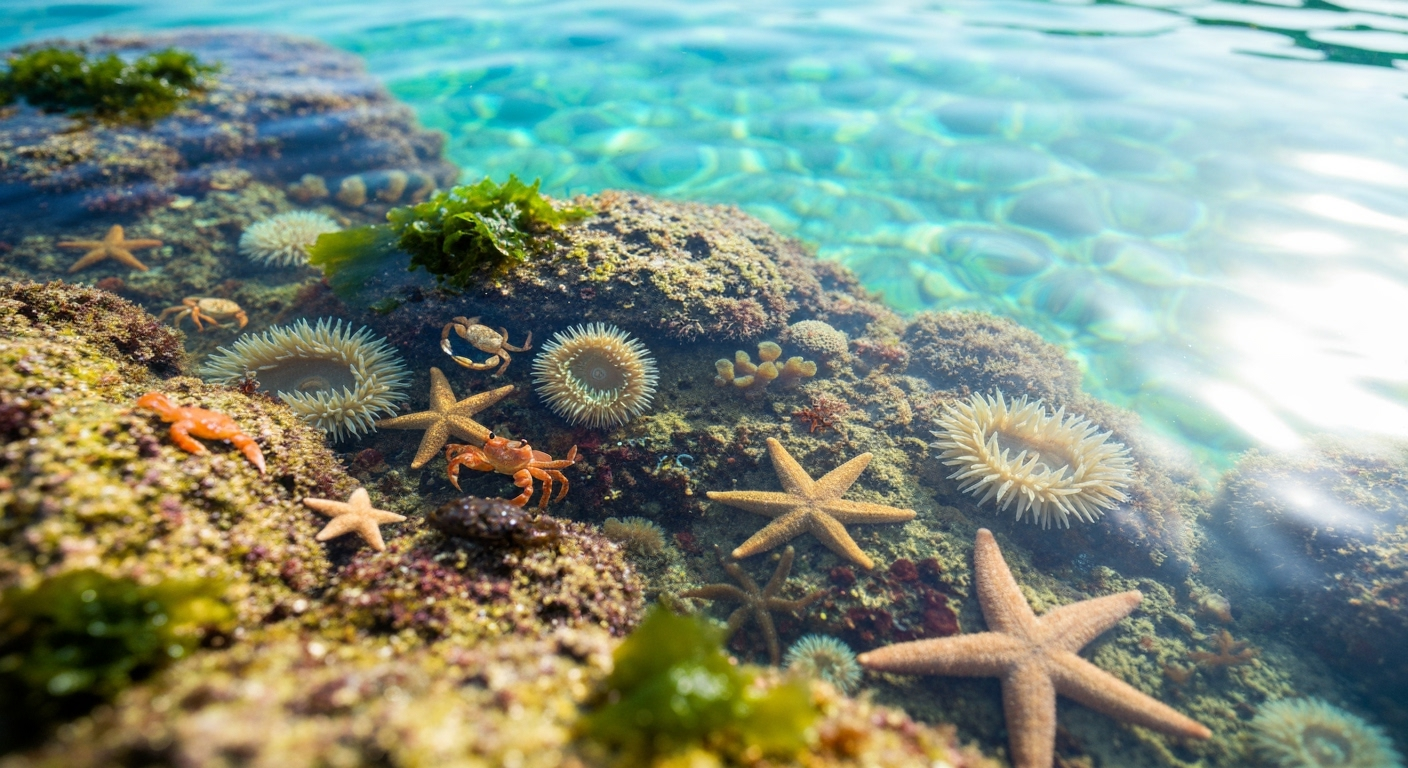 Tide pool with crabs and starfish