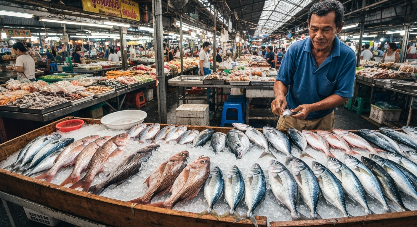 Fish vendor at market; fresh seafood on ice.