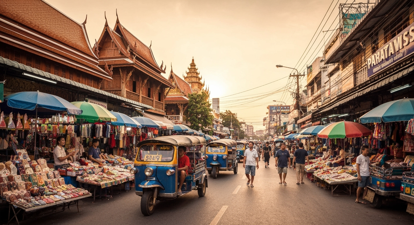 Pattaya street: Market, tuk-tuks, daily life.